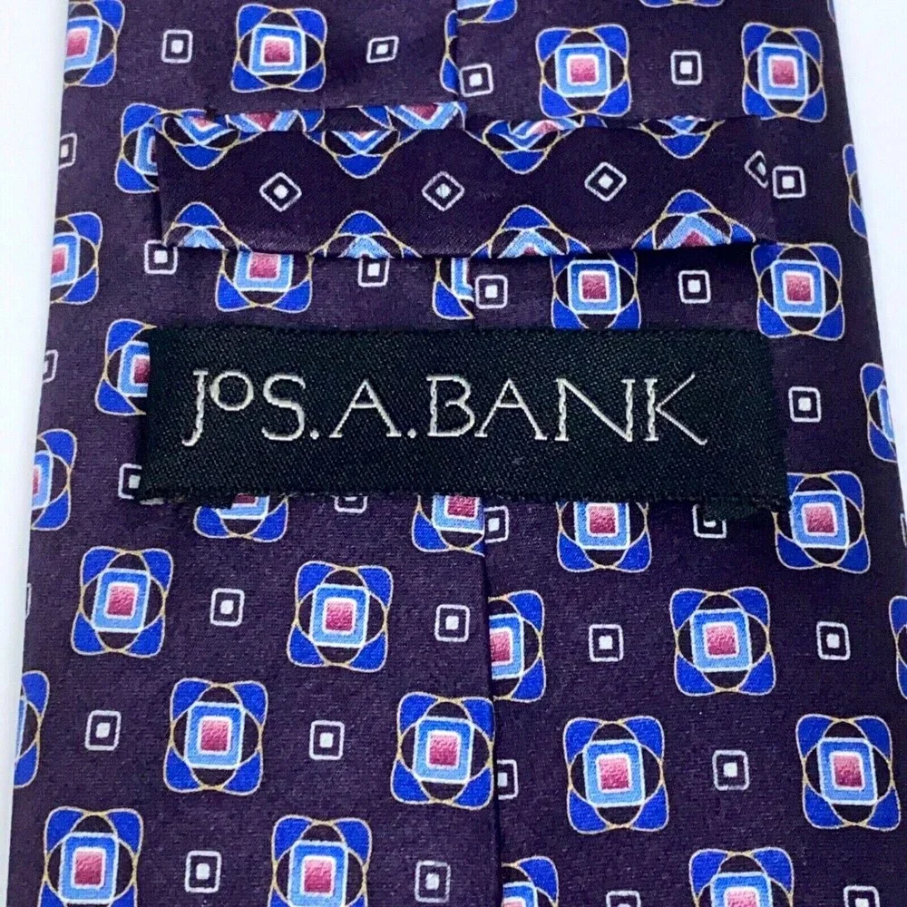 Jos A Bank Tie 100% Silk Purple Blue Pink Geometric Office Business Mens Necktie